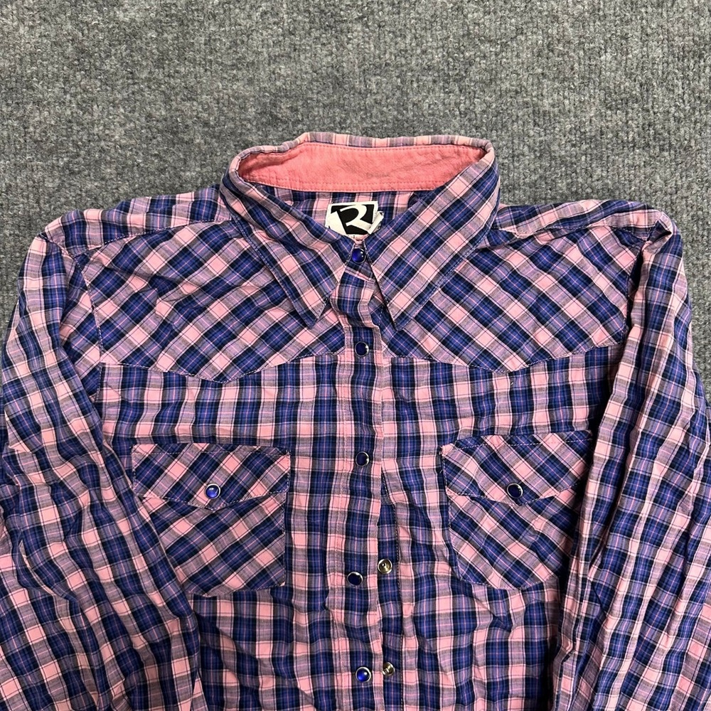 Rock & Roll Cowgirl Shirt Womens Size M Pink Navy Plaid Western Snap Long Sleeve